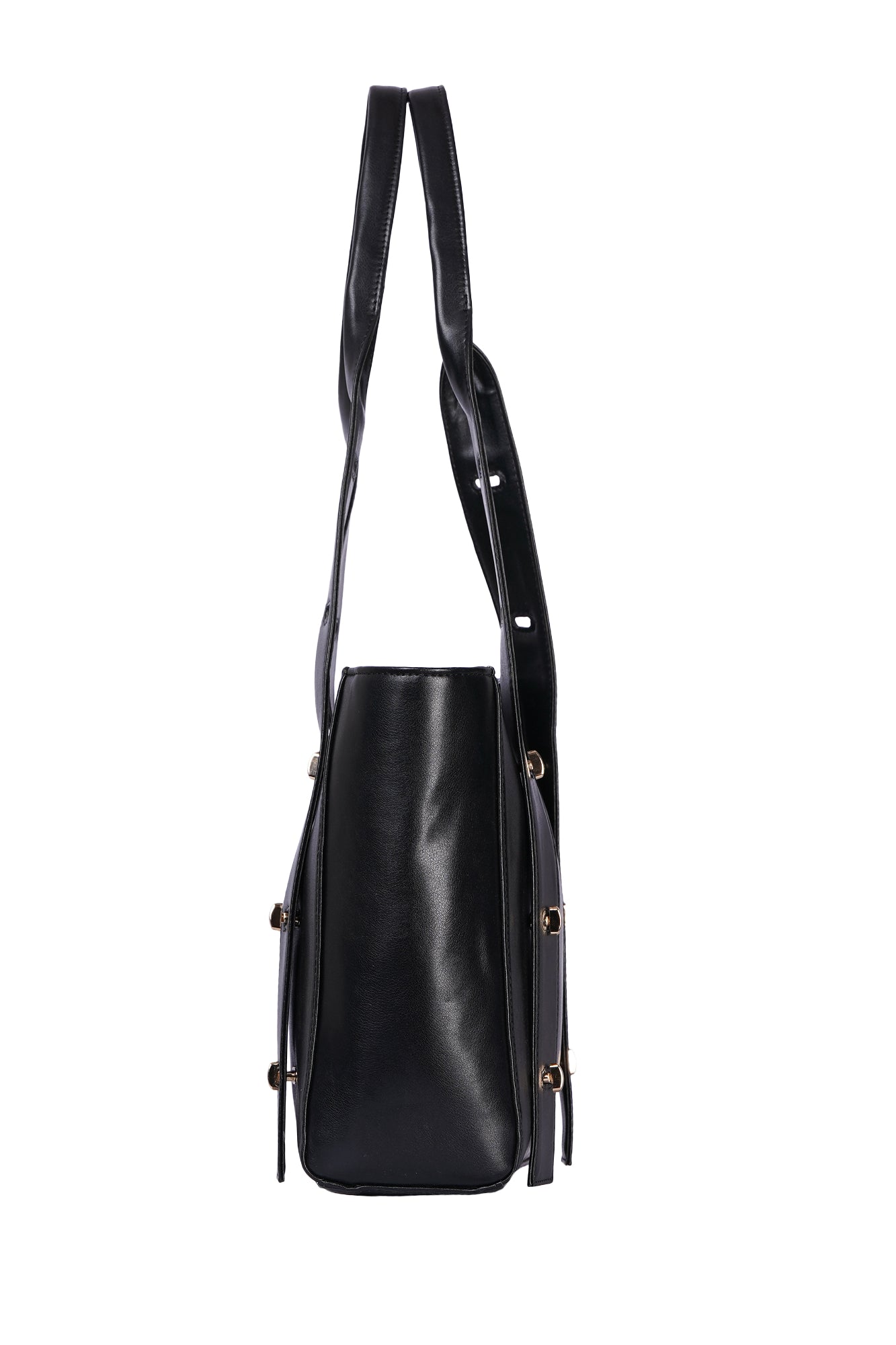 Multi Level Turn Lock Black Vegan Leather Tote Bag