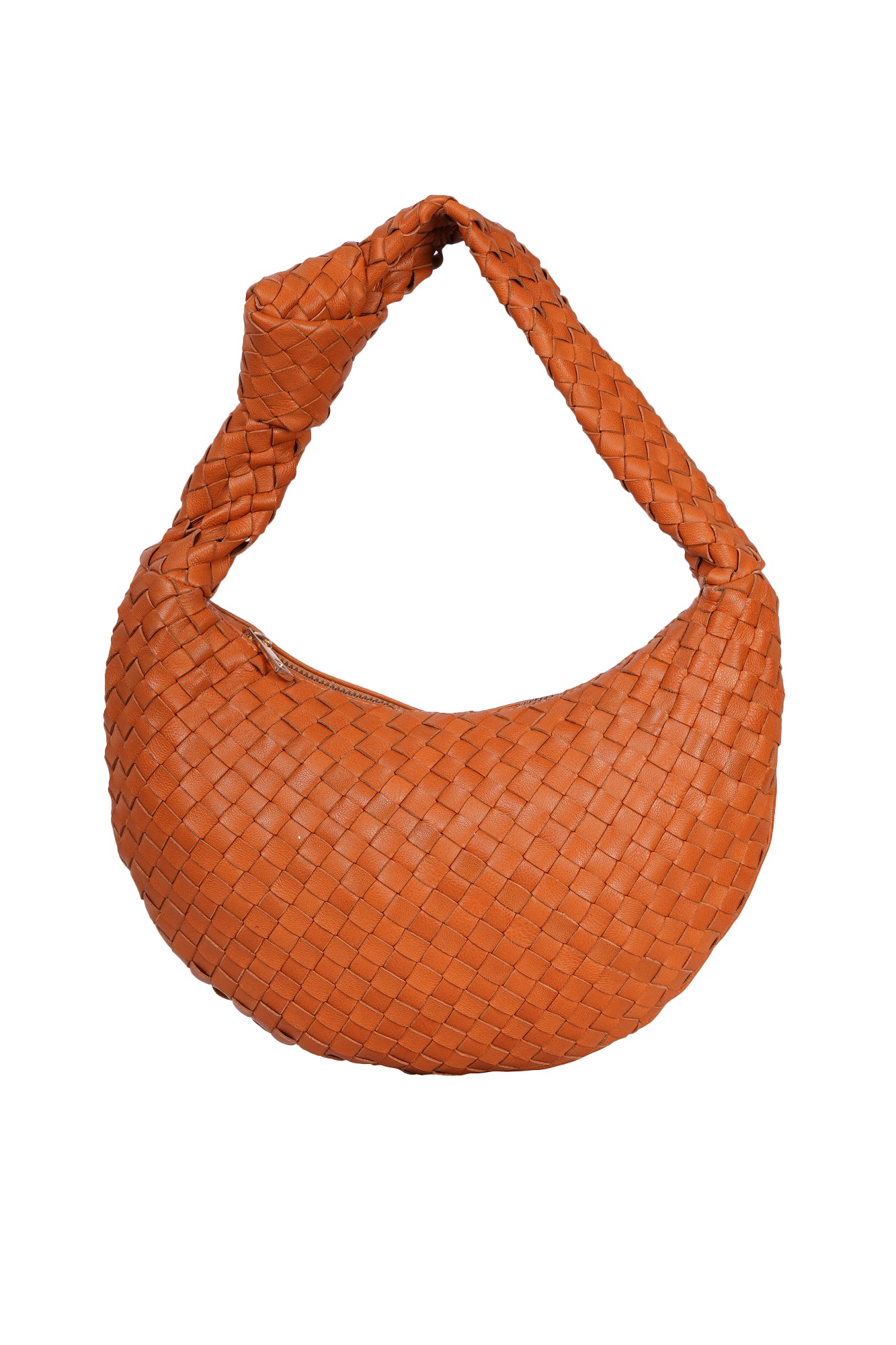 Half Moon Tan Leather Woven Shoulder Bag