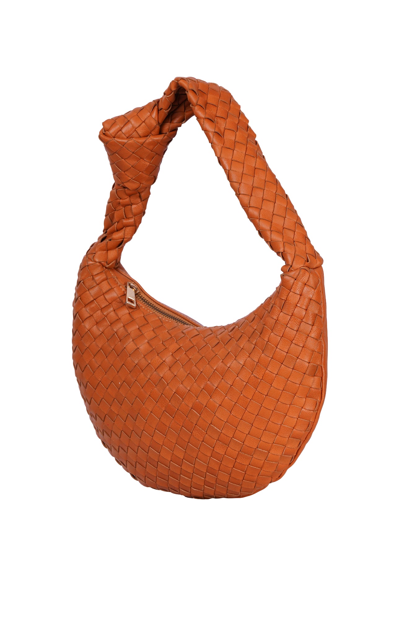 Half Moon Tan Leather Woven Shoulder Bag