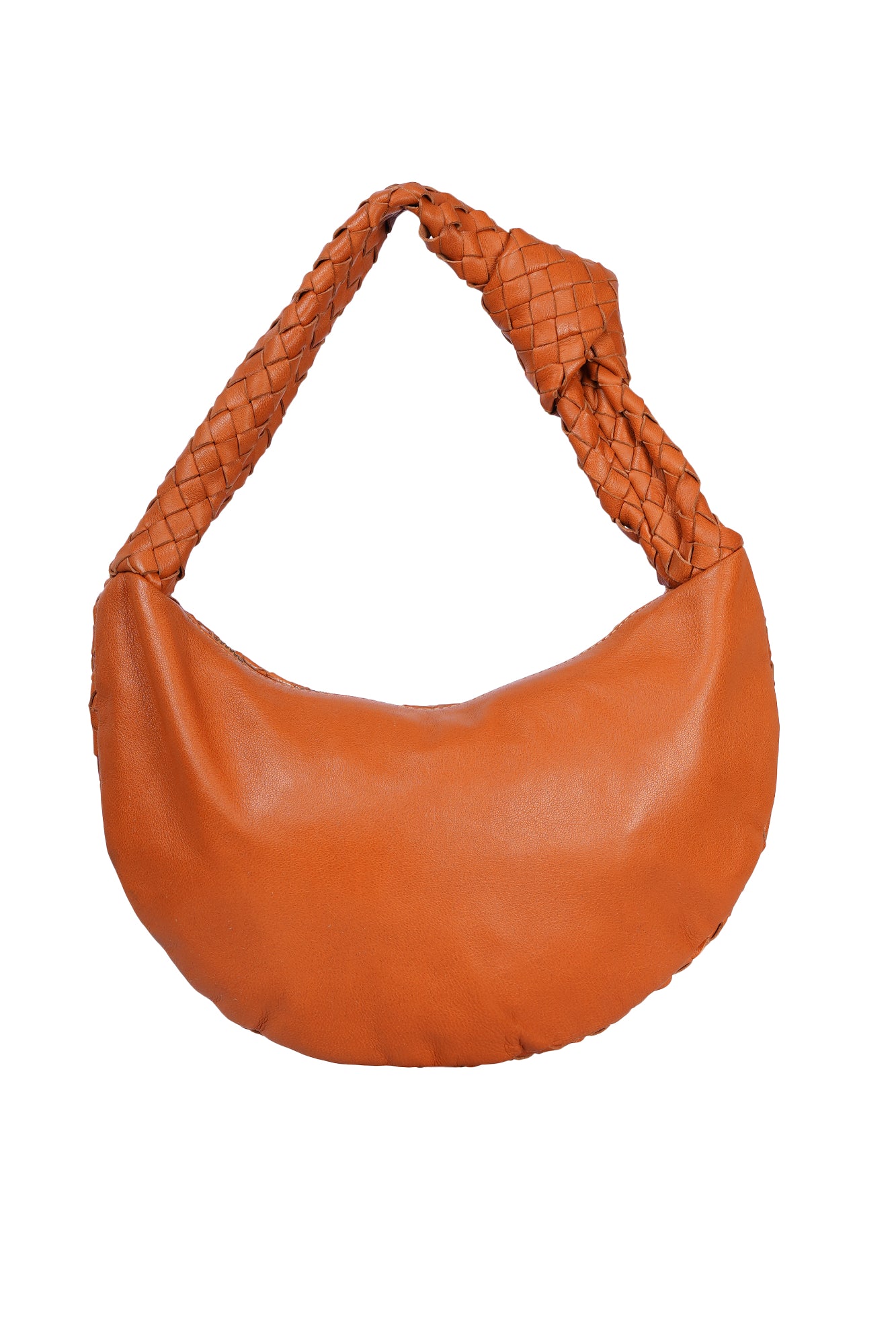 Half Moon Tan Leather Woven Shoulder Bag