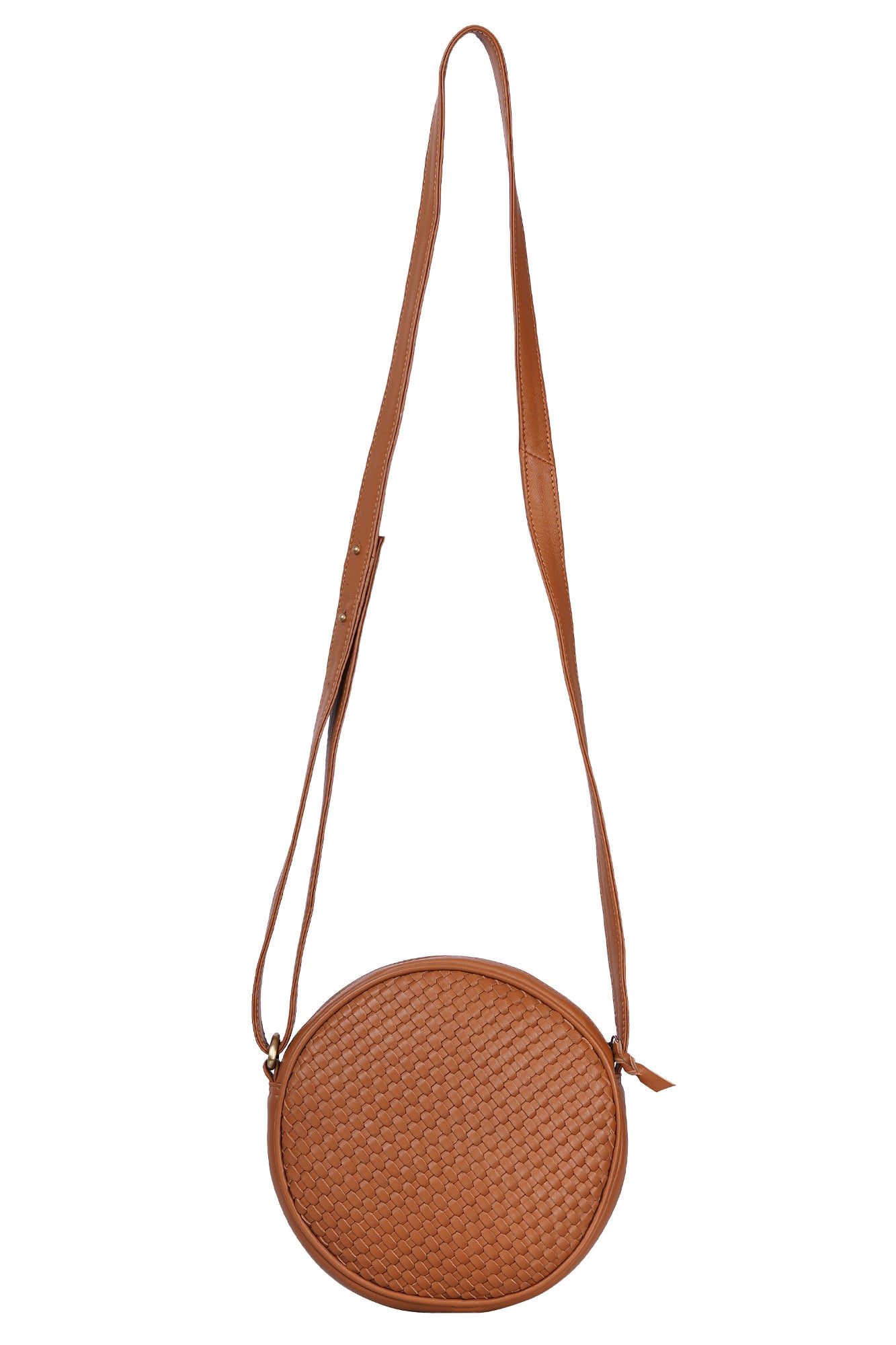 Tan Woven Leather Round Crossbody Sling Bag