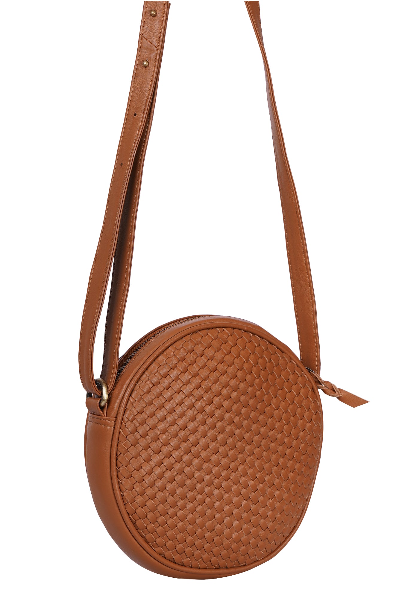 Tan Woven Leather Round Crossbody Sling Bag