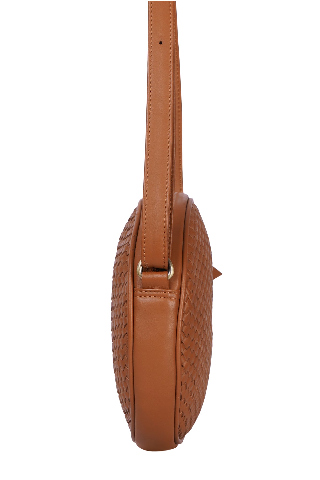 Tan Woven Leather Round Crossbody Sling Bag