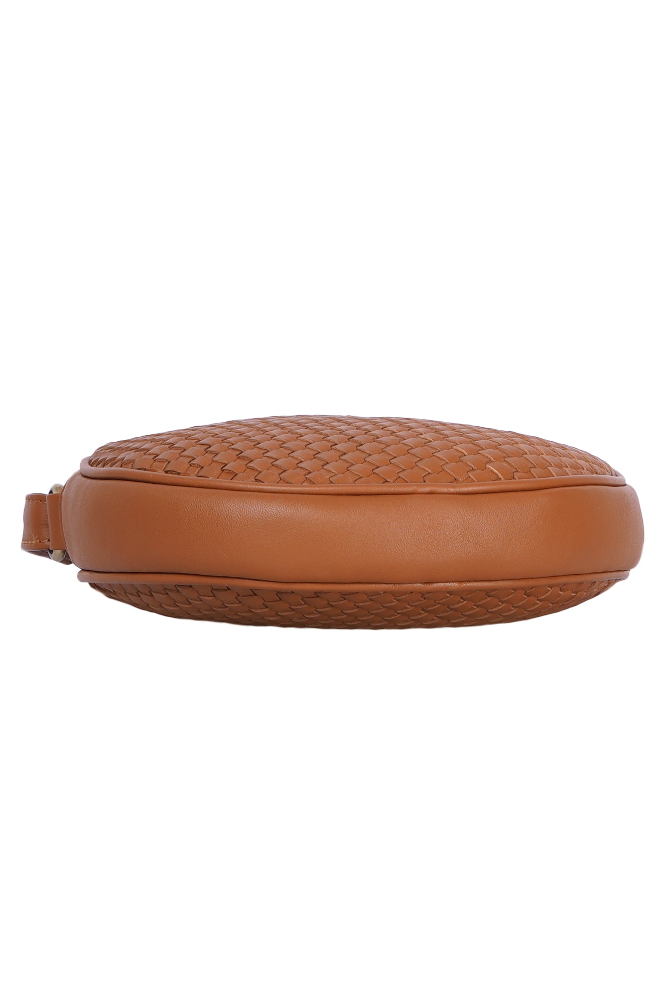 Tan Woven Leather Round Crossbody Sling Bag