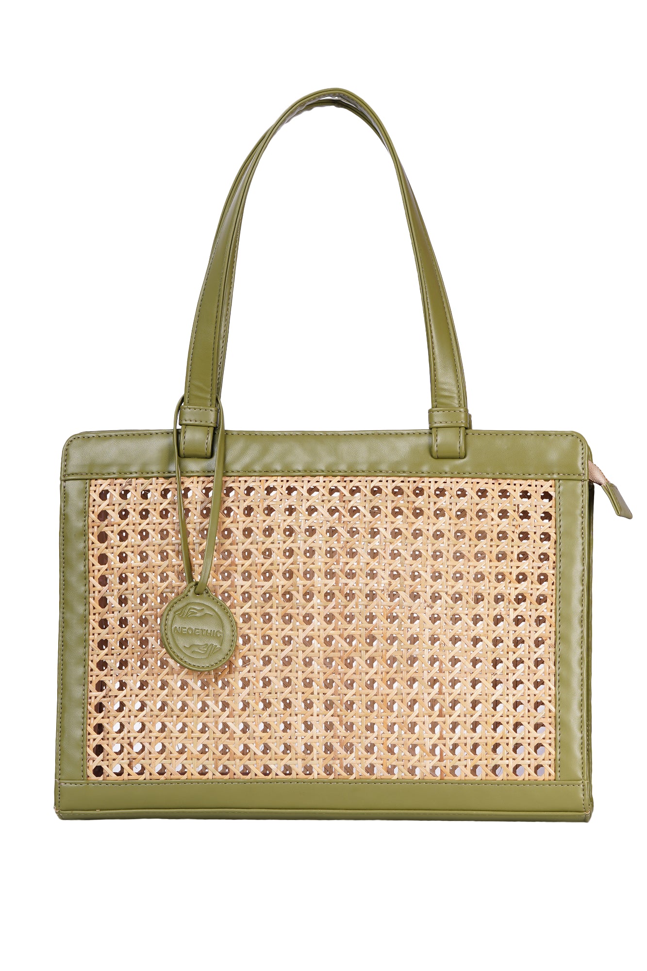 Moss Green Vegan Leather Cane Tote Bag