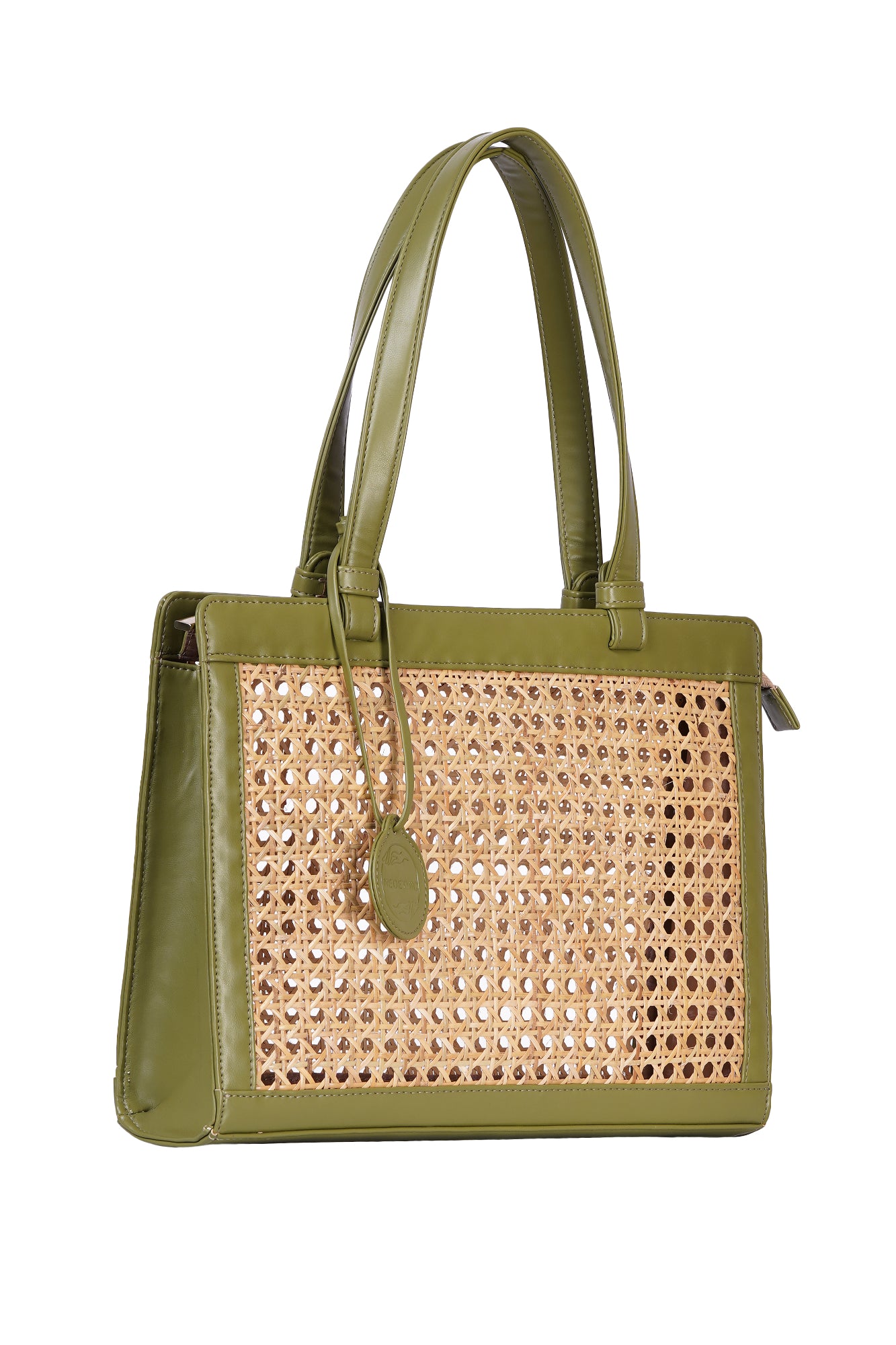 Moss Green Vegan Leather Cane Tote Bag