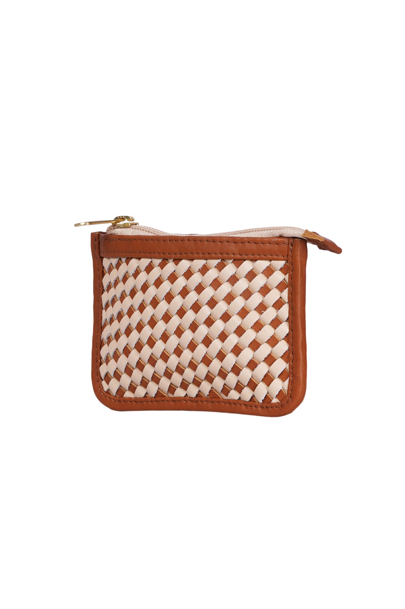 Tan & Cream Leather Woven Coin Purse